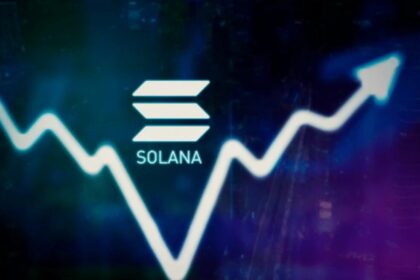 Solana logo with upward trending price chart against blue and purple digital background