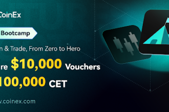 Imagen promocional del evento Bootcamp de Futuros: De principiante a experto, obtén $10.000 en cupones y 100.000 CET de CoinEx con su logo y fondo color verde.