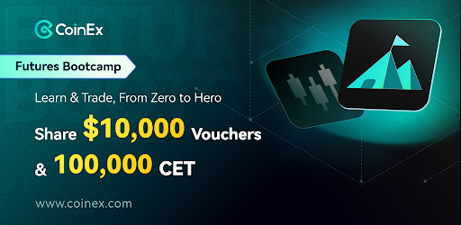 Imagen promocional del evento Bootcamp de Futuros: De principiante a experto, obtén $10.000 en cupones y 100.000 CET de CoinEx con su logo y fondo color verde.