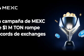 Logo de MEXC, copa plateada llena de monedas y de TON, fondo negro