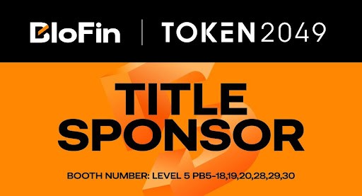 Logos de BloFin y Token2049 en fondo negro y naranja