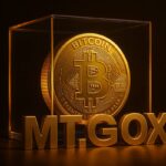 เหรียญ Bitcoin สีทองอยู่ในกล่องใสพร้อมตัวอักษร MT.GOX