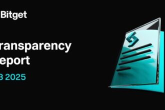 En fondo negro y con el logo de Bitget en blanco, el texto resalta el Informe de transparencia de Bitget Q3 2025, a la derecha el símbolo de análisis financiero en color azul.