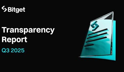 En fondo negro y con el logo de Bitget en blanco, el texto resalta el Informe de transparencia de Bitget Q3 2025, a la derecha el símbolo de análisis financiero en color azul.