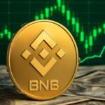 Una moneda dorada de BNB sobre unos dólares y un fondo de gráfico de precios.