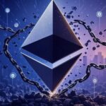 Logo de Ethereum sobre un fondo con detalles morados.