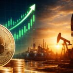 Moneda dorada de bitcoin en primer plano con gráfico de mercado alcista y bombas petroleras.