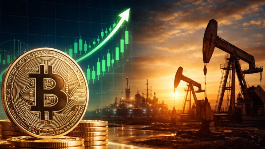 Moneda dorada de bitcoin en primer plano con gráfico de mercado alcista y bombas petroleras.